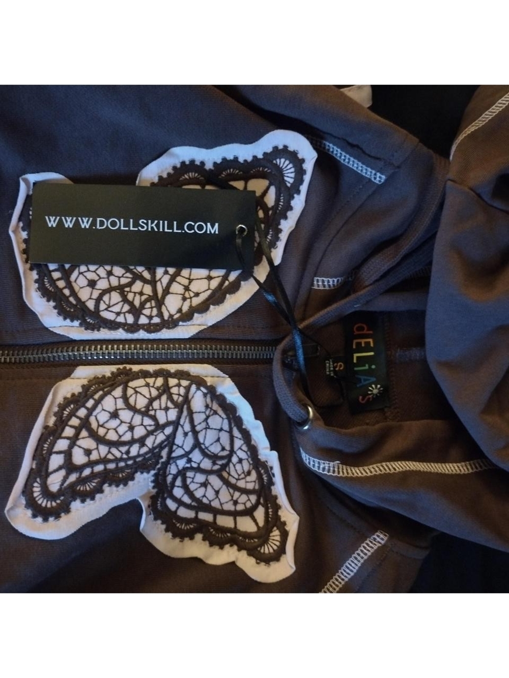 dELiA*s Gray Hooded Track Jacket with White Lace Appliqué